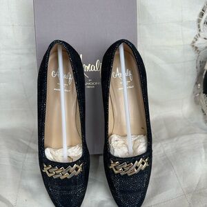 Vintage Amalfi Navy Blue Sparkle Leather Flats with Gold Chain Accent